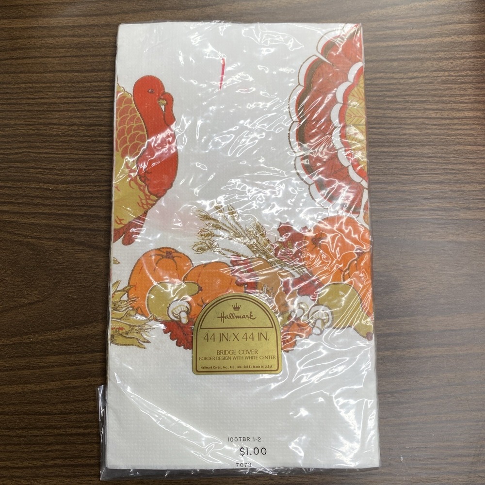 Vtg Hallmark Thanksgiving Table Cover 44x44 Square Turkey Harvest Pumpkins